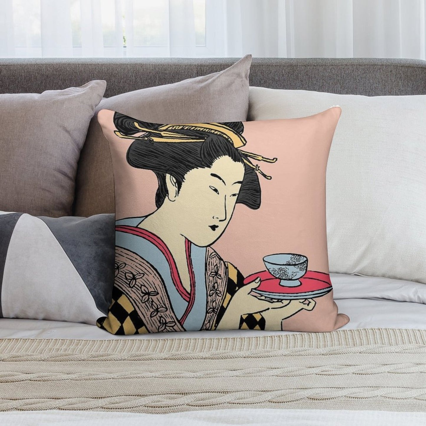 Geisha's Tea Time Soft Skin-Friendly Throw Pillow