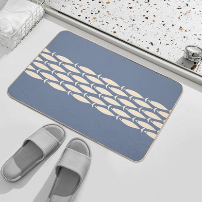 Fish Stripe 6 - Minimalist Mid Century Modern Pattern in Stone Blue And Cream  Repositionable Bath Mat