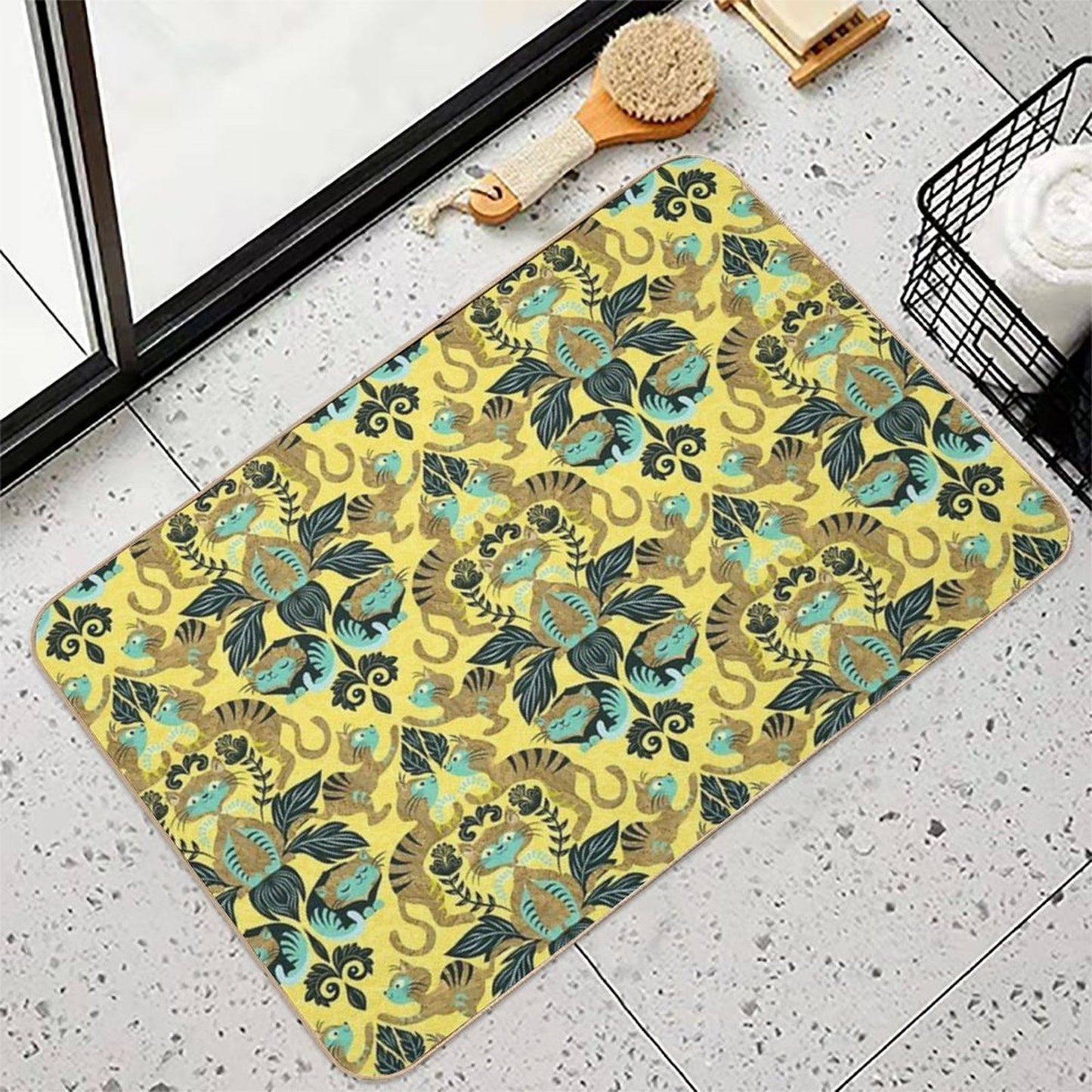 Yellow Damask Cats  Dirt-Trapping Bath Mat