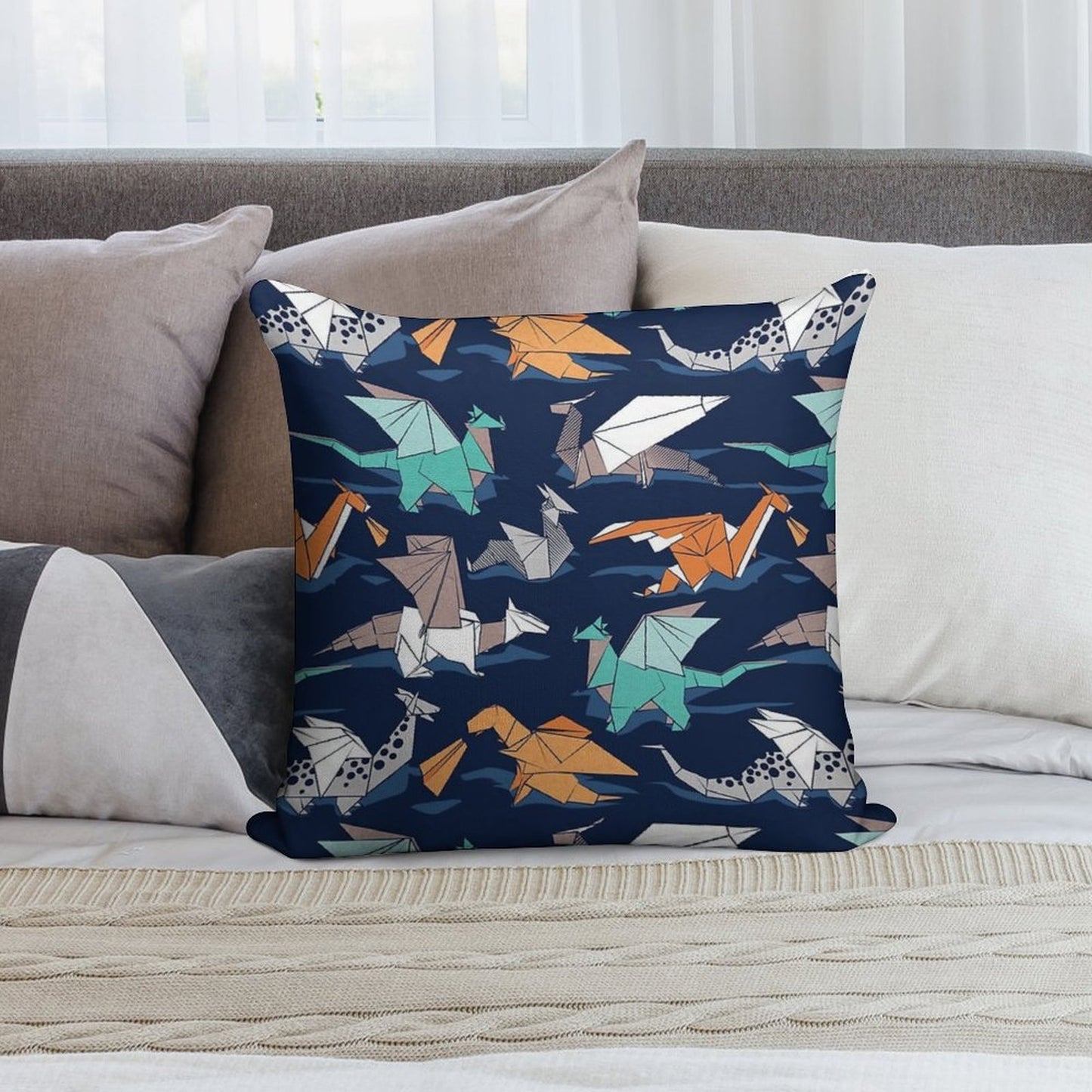 Origami Dragon Friends  Oxford Navy Blue Background Soft Luxury Feel Throw Pillow