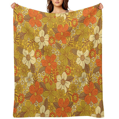 Retro 60s70s Orange & Olive Green Floral Easy Care Throw Blanket