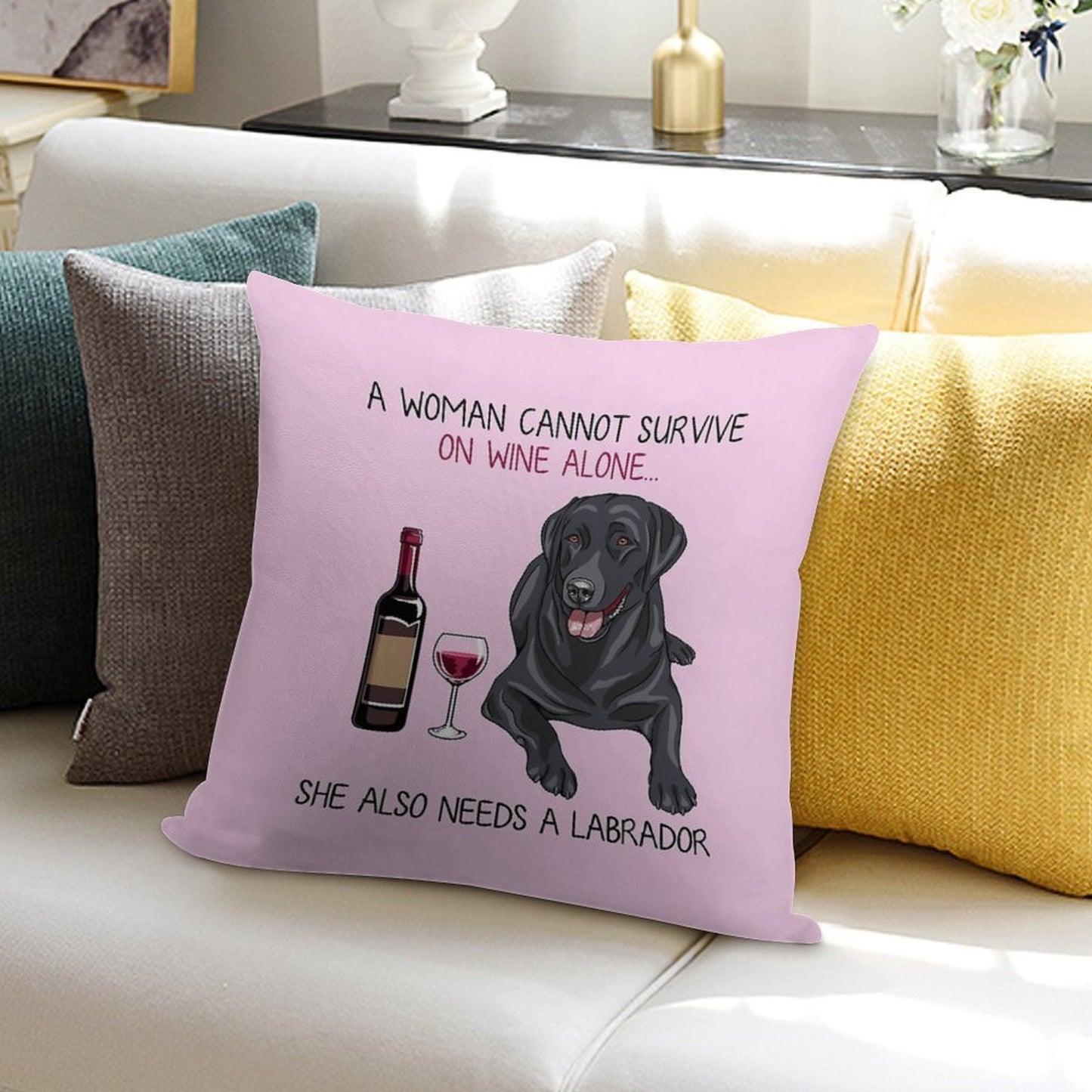 Labrador And Wine Funny Dog Soft Gift Ready Throw Pillow