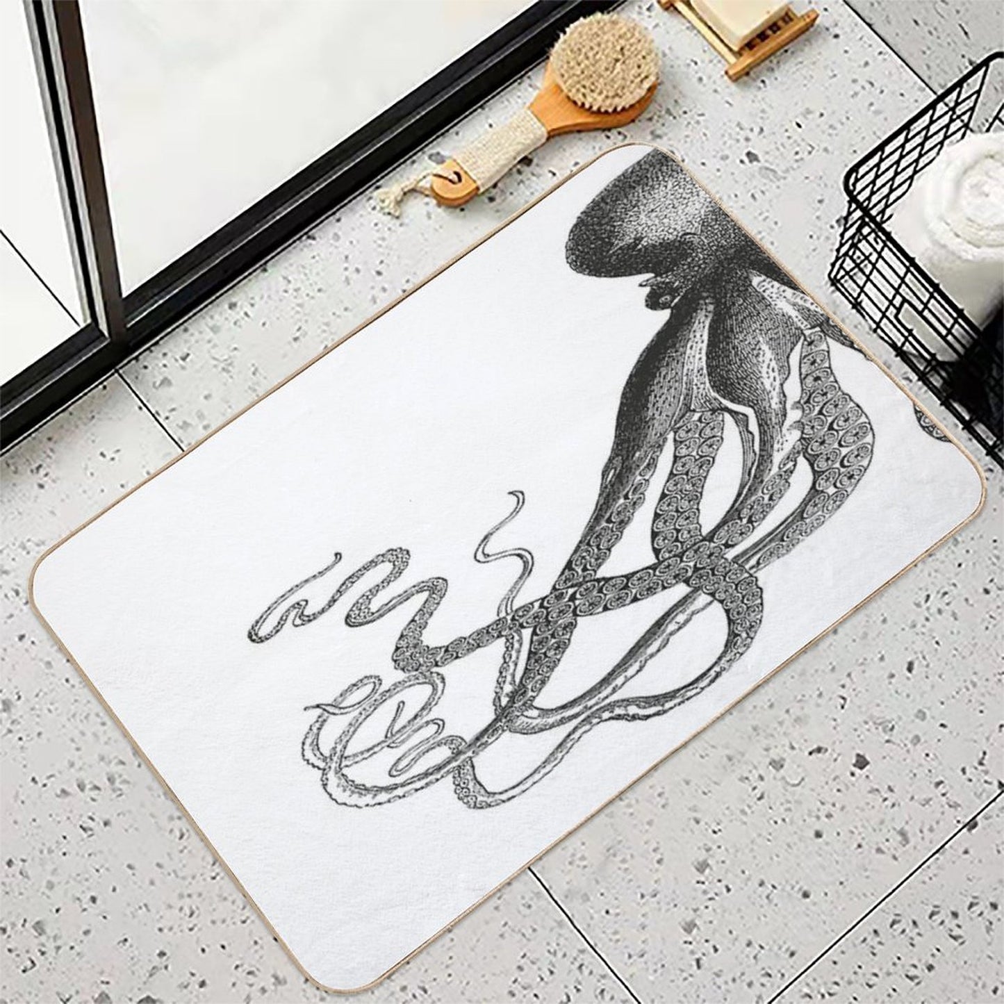 Half Octopus  Left Side  Vintage Octopus  Tentacles  Sea Creatures  Nautical  Ocean  Sea  Beach  Diptych  Black And Wh  Non-Slip Bath Mat