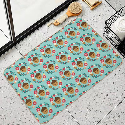 Acorn And Flowers Pattern Design  Blue  Absorbent Bath Mat