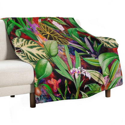Exotic Tropical Foliage, Leaves And Flowers Tropical Pattern, Botanical Illustration, Red Blue Floral Illustration Versatility Throw Blanket