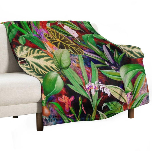 Exotic Tropical Foliage, Leaves And Flowers Tropical Pattern, Botanical Illustration, Red Blue Floral Illustration Versatility Throw Blanket