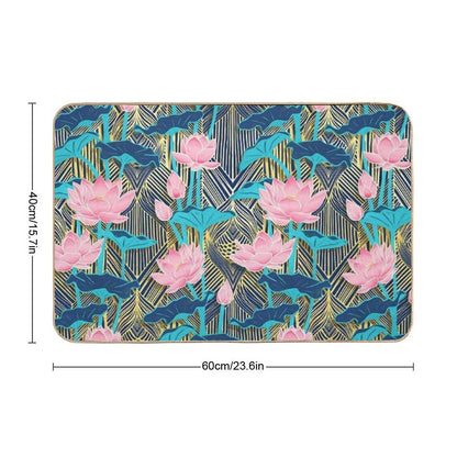 Art Deco Lotus Flowers in Pink & Navy  High-Traffic Bath Mat