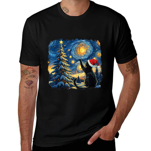 Cat Starry Night Van Gogh Christmas Black Cat Santa Hat  Wrinkle-resistant T-Shirt