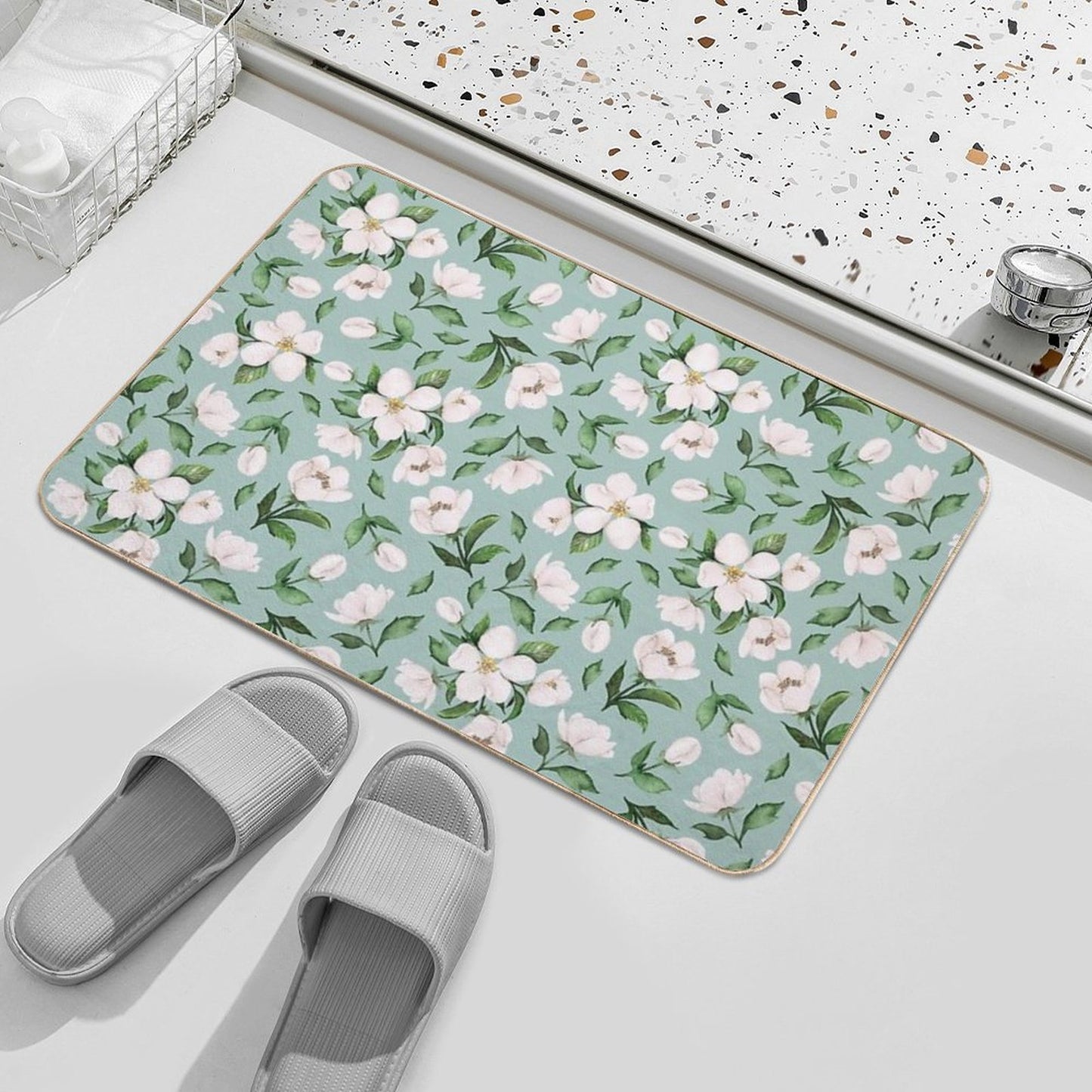 White Flowers  Fade-Resistant Bath Mat