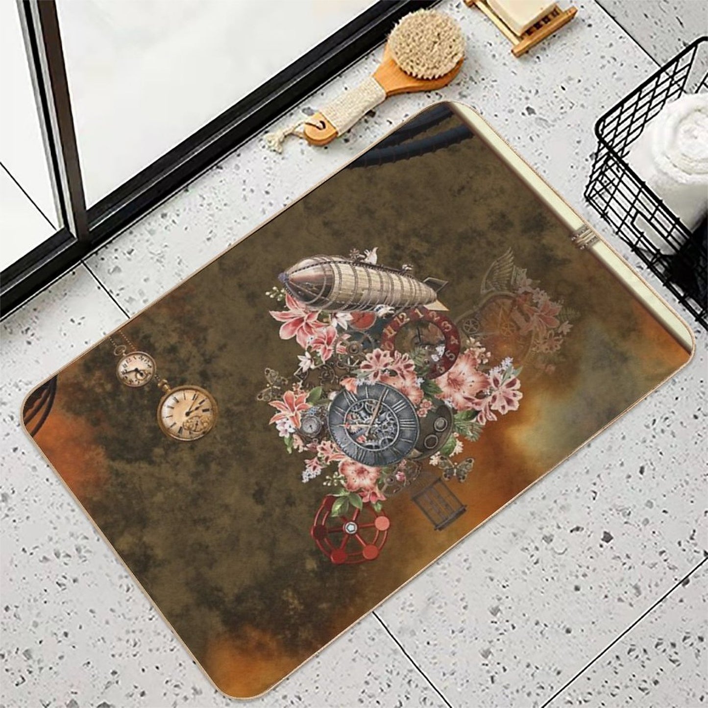 Steampunk Design with Clocks, Gears And Flowers  Odorless Bath Mat