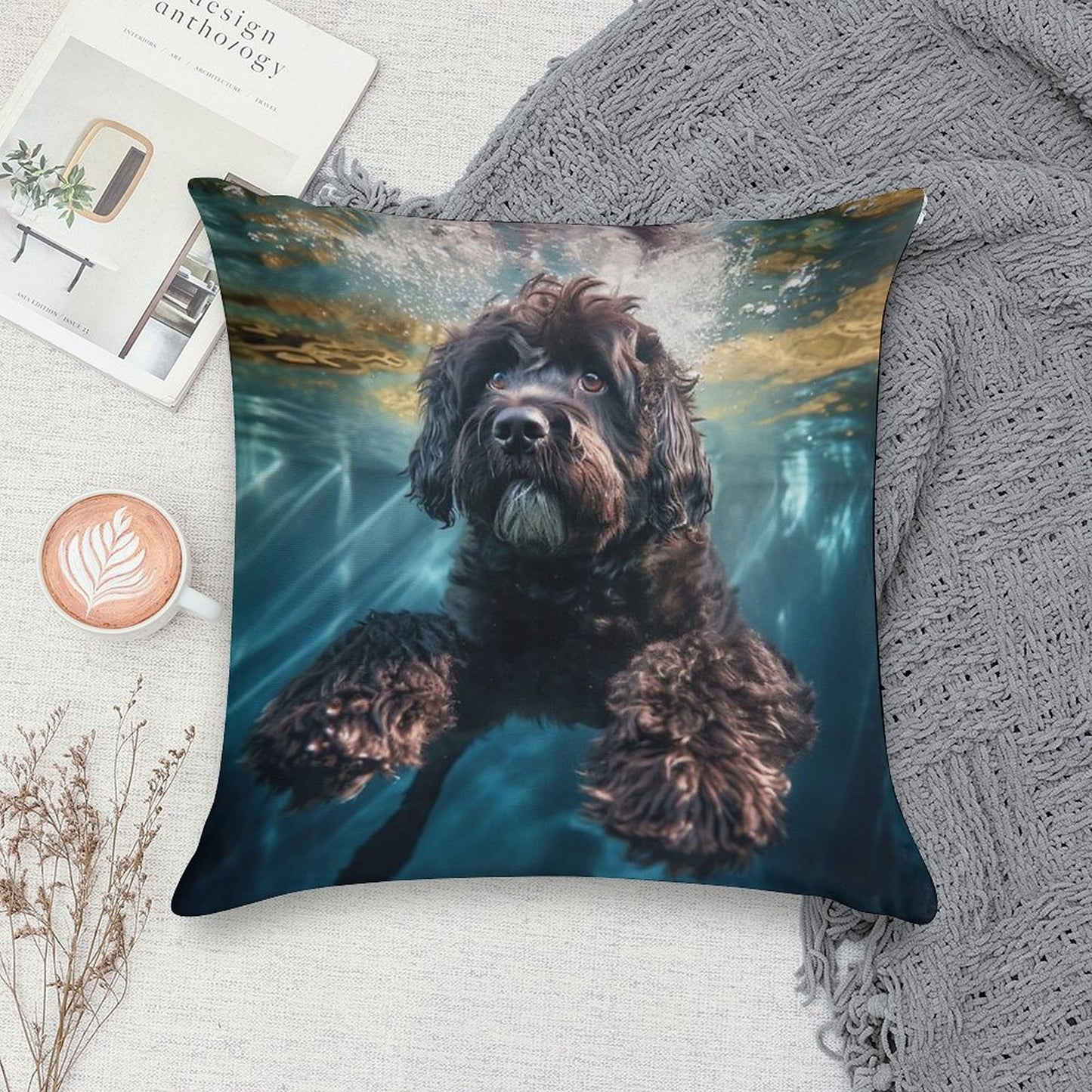 Portuguese Water Dog Swimming Under Water Soft Ultra-Soft Texture Throw Pillow