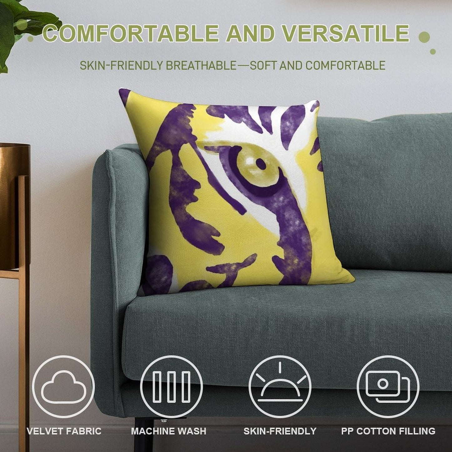 Purple And Gold Watercolor Tiger Artwork Soft Reinforced Edging Throw Pillow