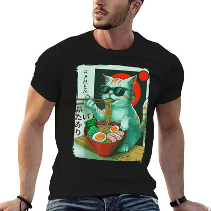 Funny Cat Eating Ramen Graphic Japanese Kawaii Otaku Anime  Rolled Sleeves T-Shirt