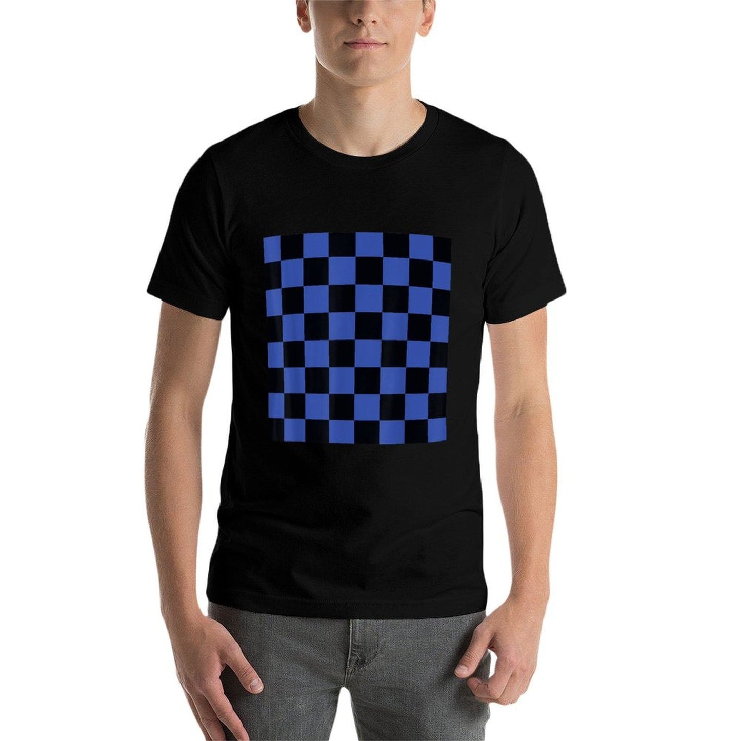 Checkered Black Blue Checkerboard Pattern  Ribbed Collar T-Shirt