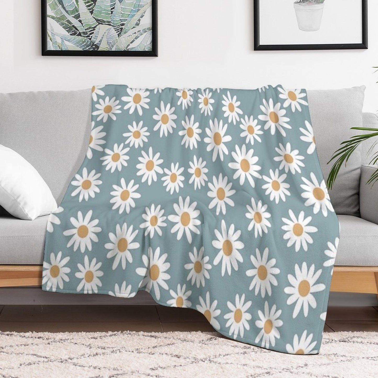Blue Daisies - Daisy Pattern, Floral, Florals, Flower, Retro, Vintage, 70s, Camel, Brown, Rust, Earthy, Terracotta Eco-conscious Throw Blanket