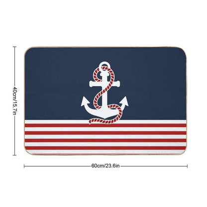 Nautical Red White Stripes And Red Anchor on Blue Background  Odorless Bath Mat