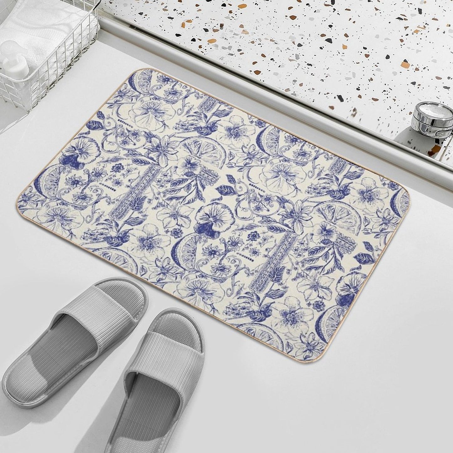 Fruity Blue Ornate Floral Royal.  Versatile Bath Mat