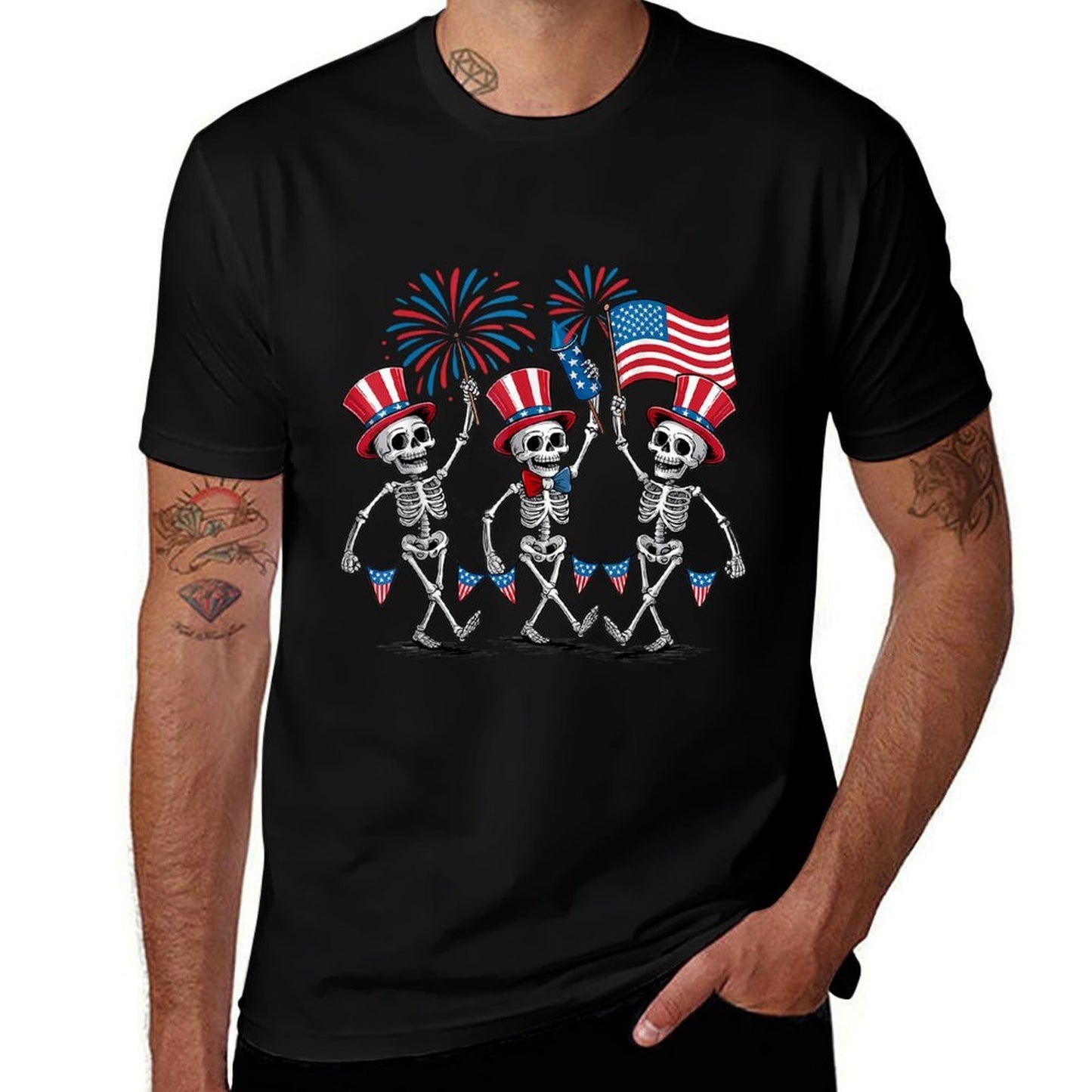 Dancing Skeletons 4th of July Funny Patriotic Men Women Kids  Summer-ready Fabric T-Shirt