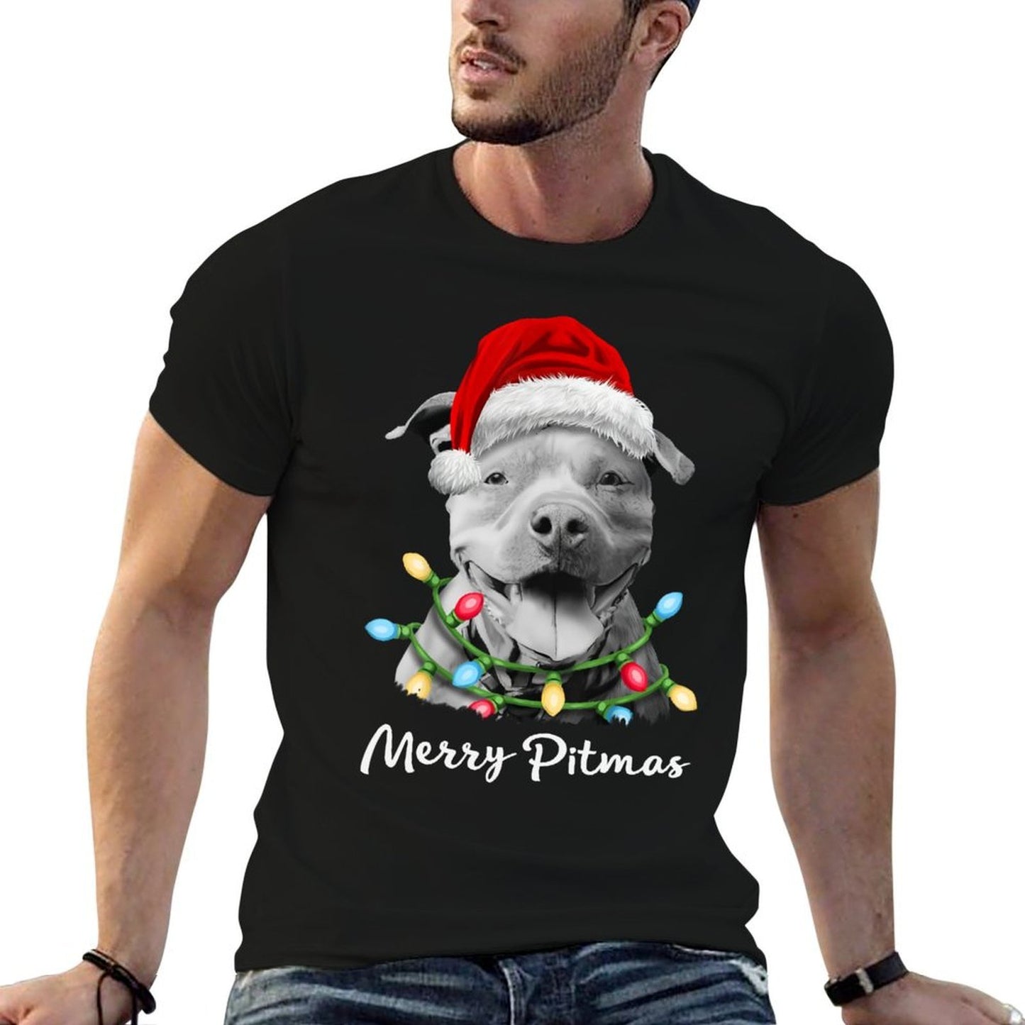 Pit Bull Santa Christmas Tree Lights Xmas Merry Pitmas  Classic T-Shirt