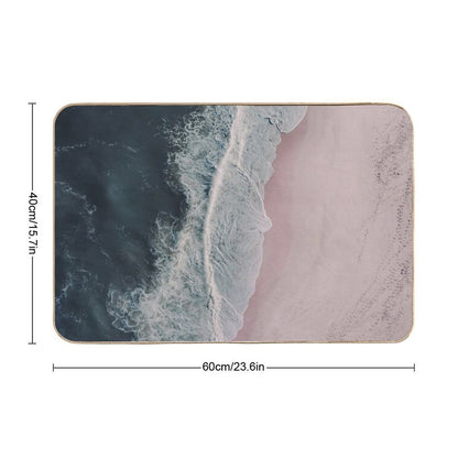 Aerial Ocean Beach Print, Pink Sand, Crashing Waves, Dark Blue Sea, Travel Photography  Easy To Clean Bath Mat