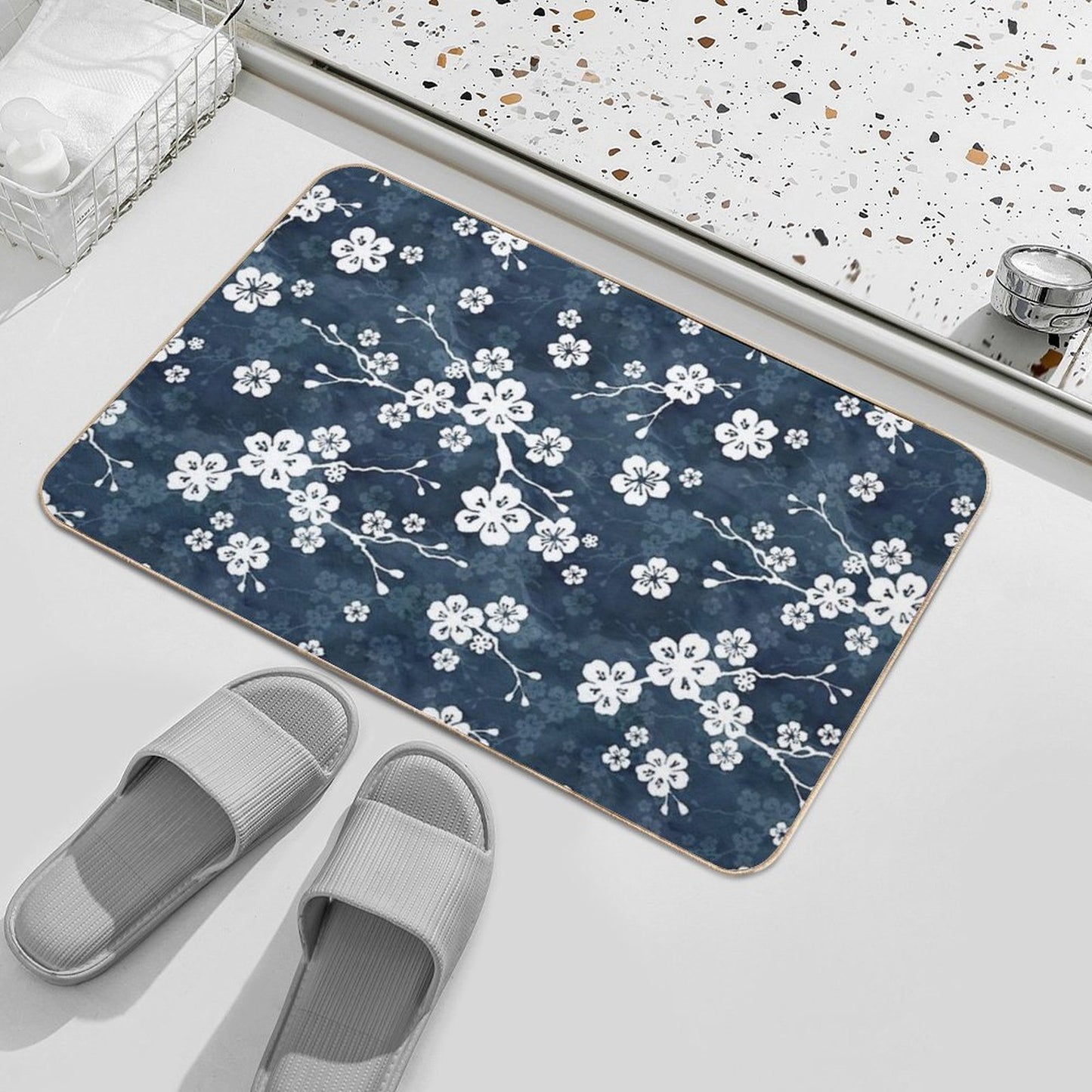 Navy And White Cherry Blossom Pattern  Non-Slip Bath Mat
