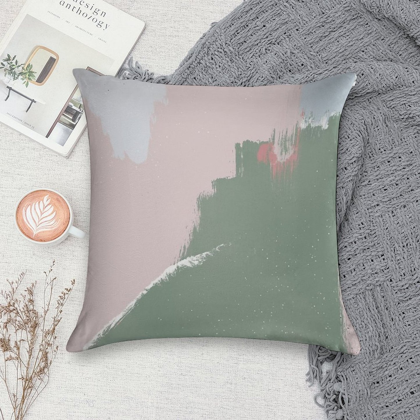 Modern Abstract Art Painting in Sage Green & Blush Pink Soft Style Accent Throw Pillow