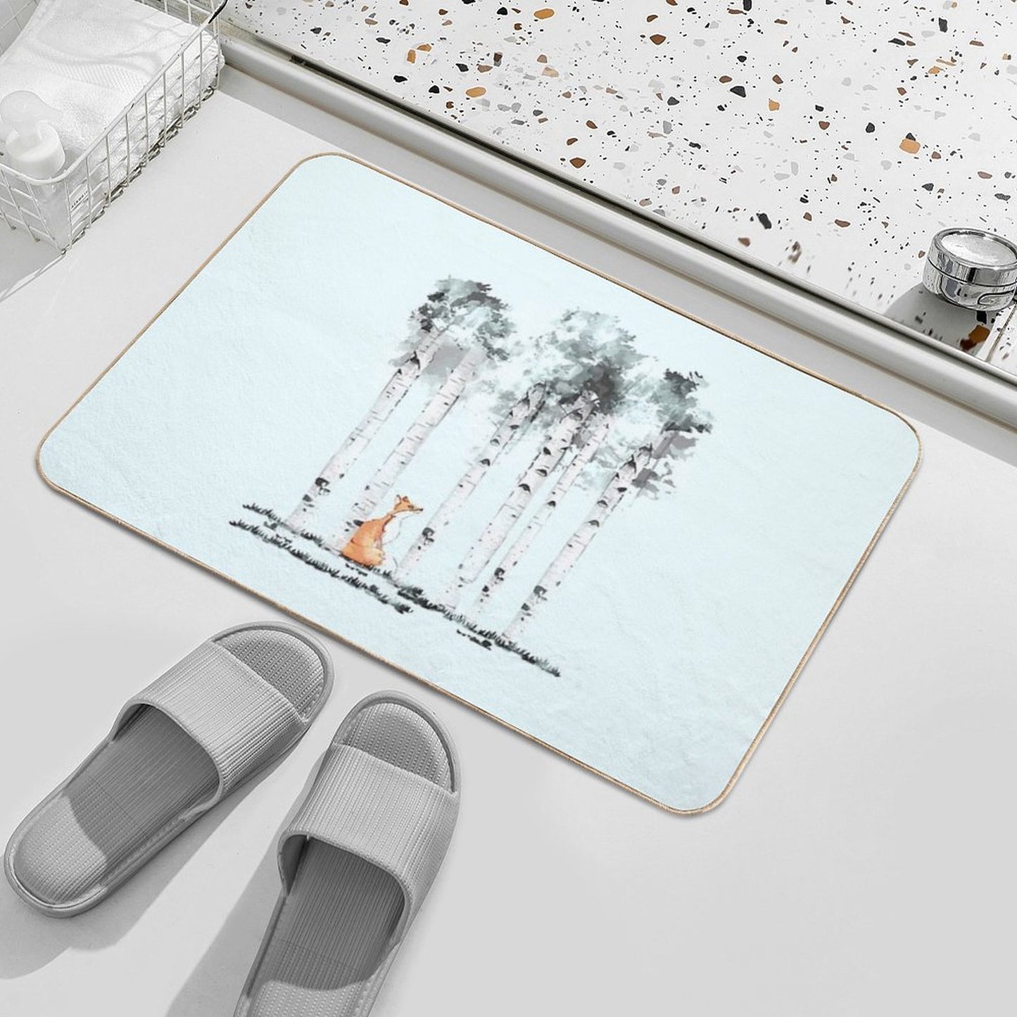 Fox And Birchs Watercolor  Rapid-Drying Bath Mat