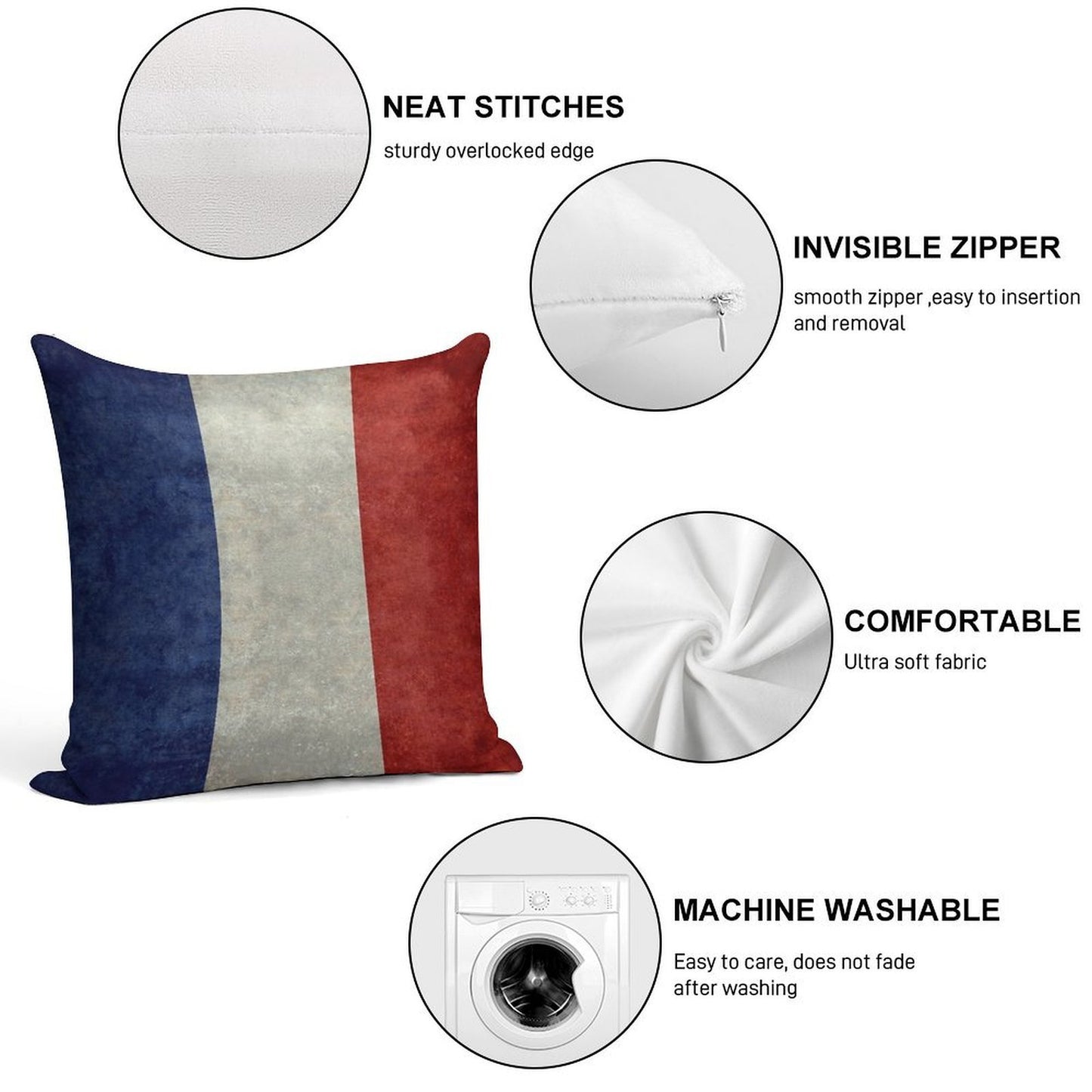 Flag of France, Vintage Retro Style Soft Easy Maintenance Throw Pillow