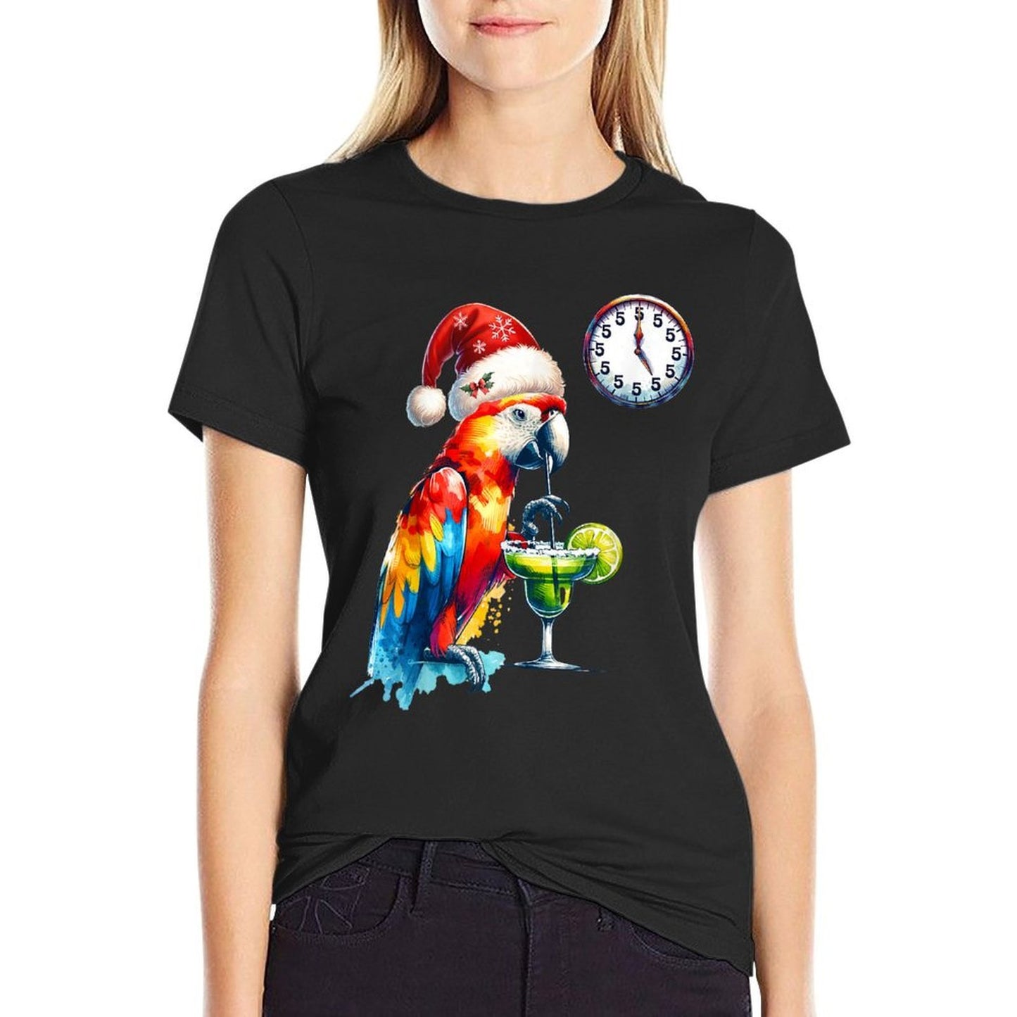 Always 5 Oclock Parrot Drinking Margarita Christmas  Rolled Sleeves T-Shirt