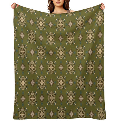 Traditional Ethnic Textile Pattern in Green And Brown Easy Care Throw Blanket