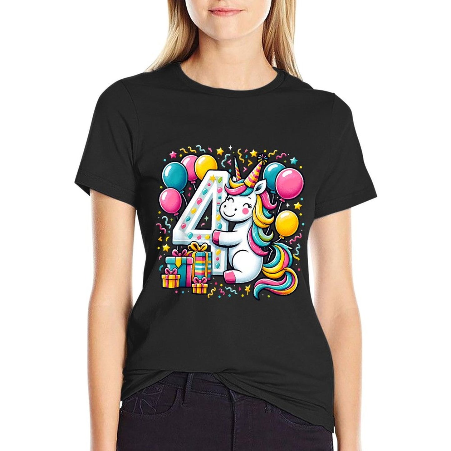 Unicorn 4th Birthday Boy Girl 4 Year Old Fourth Four Unicorn  Summer-ready Fabric T-Shirt