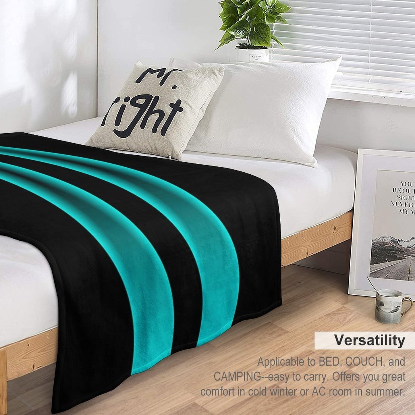 Cyan to Black Fade Stripes with Black Background Durable Throw Blanket