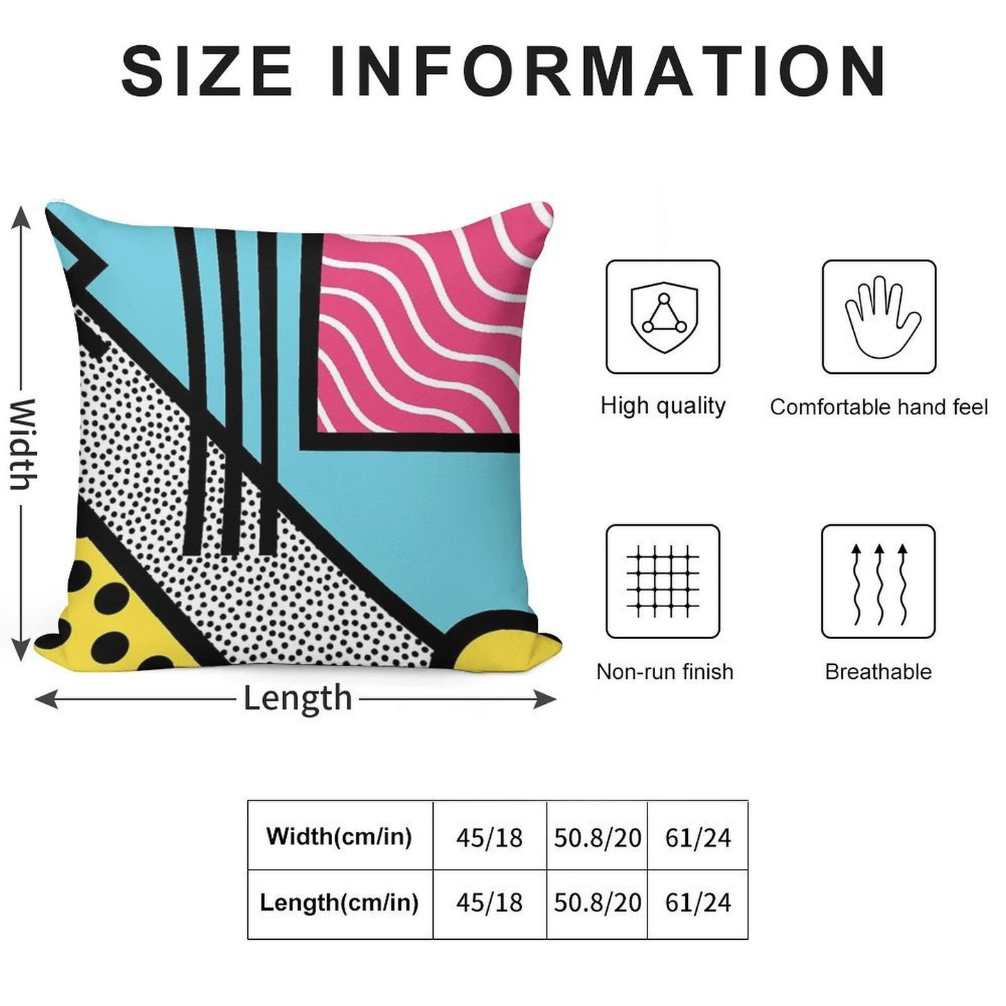 Abstract 80s Memphis Pop Art Style Graphics Soft Reinforced Edging Throw Pillow