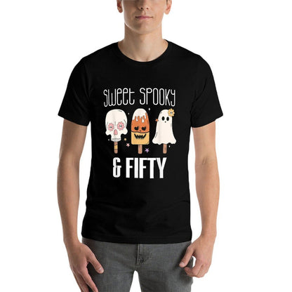 50th Birthday Sweet Spooky Forty Skull Ghost Ice Cream  Ribbed Collar T-Shirt