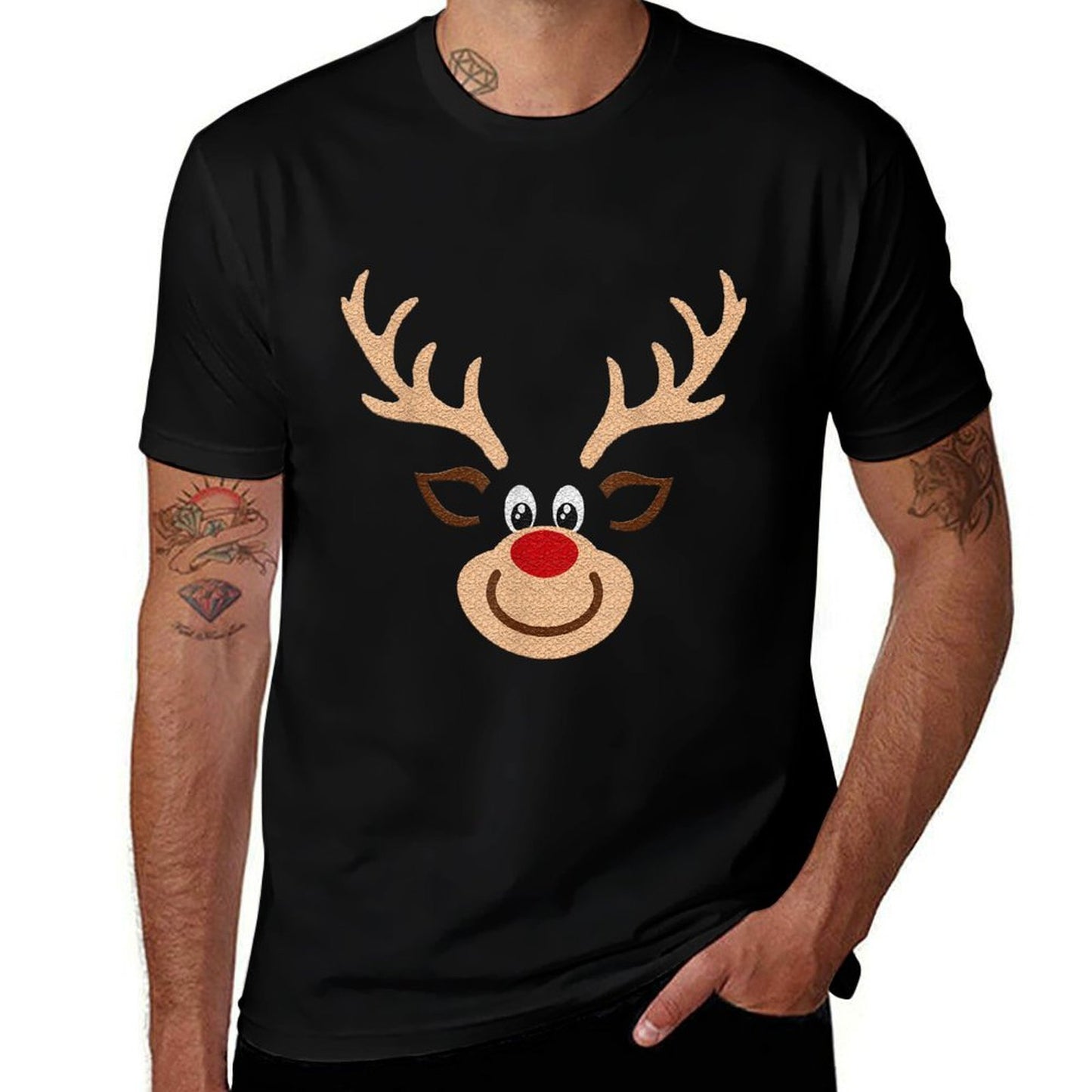 Reindeer Face Deer  Red Nose Brown Christmas  Tagless Design T-Shirt