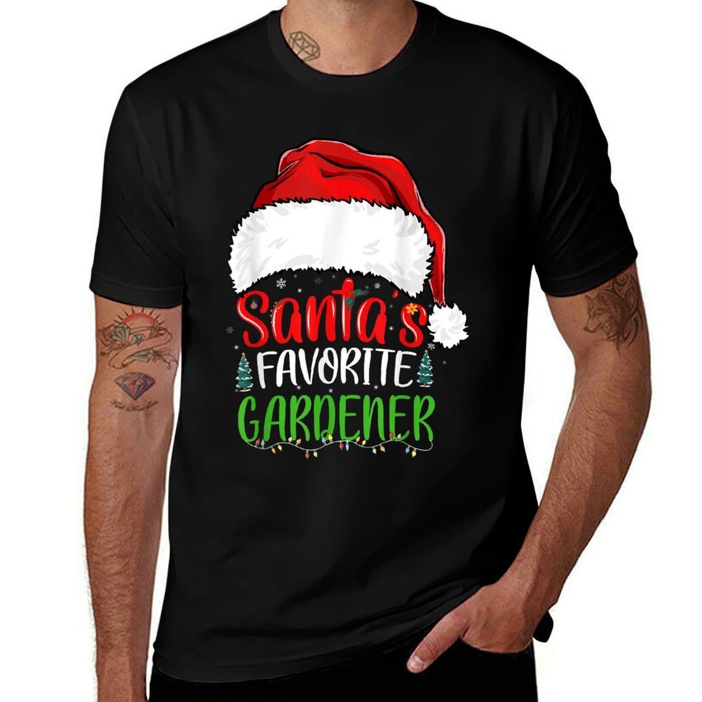 Santas Favorite Gardener Funny Christmas Gardening  Ribbed Collar T-Shirt