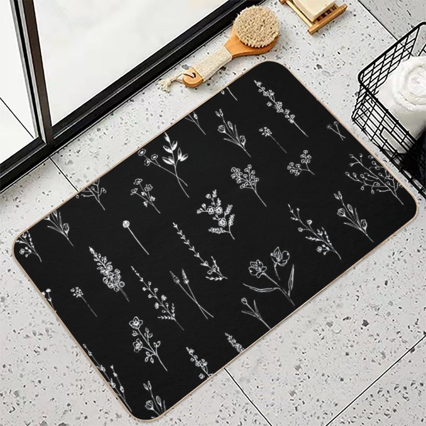 Black Wildflowers Pattern  Fade-Resistant Bath Mat