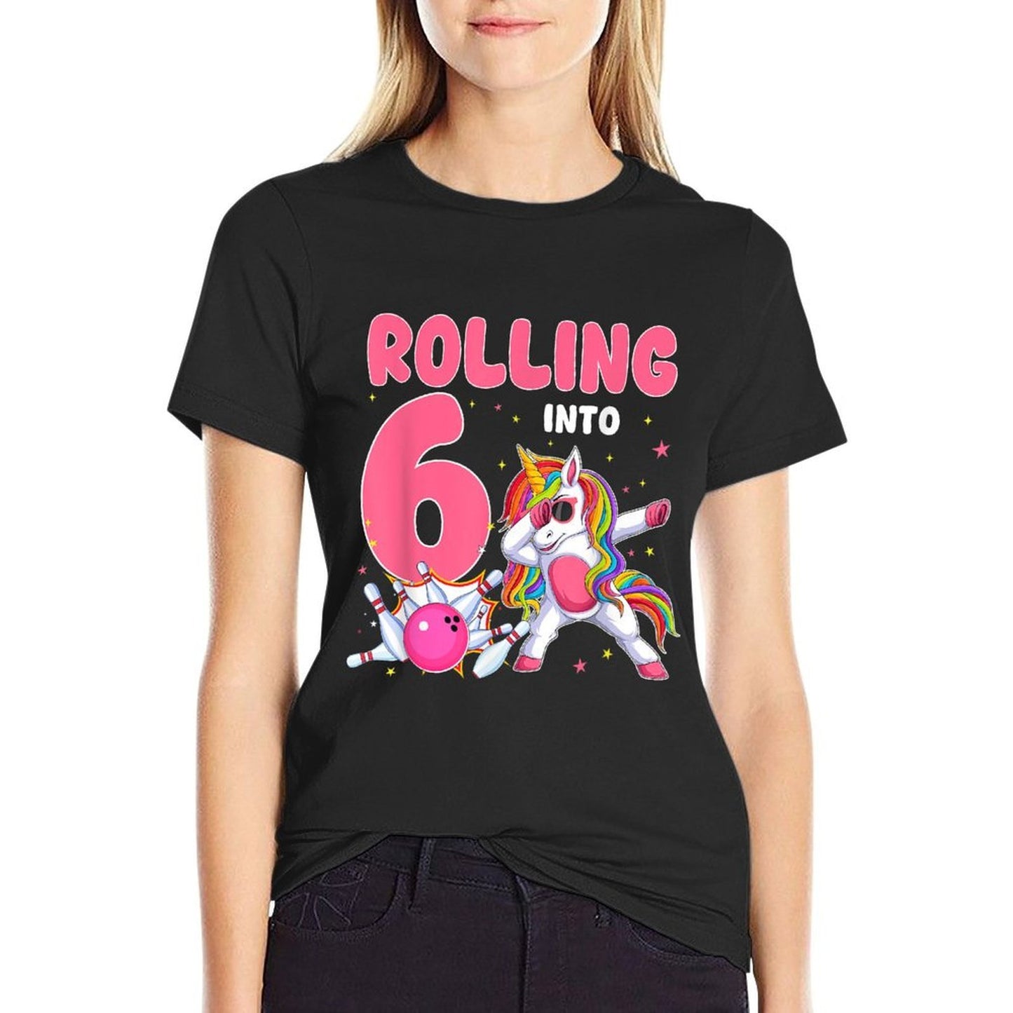 Rolling Into 6 6th Birthday Unicorn Bowling 6 Year Old  Polyester Blend T-Shirt