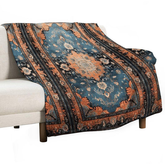 Orange Dark Azure Persian Carpet Machine-washable Throw Blanket