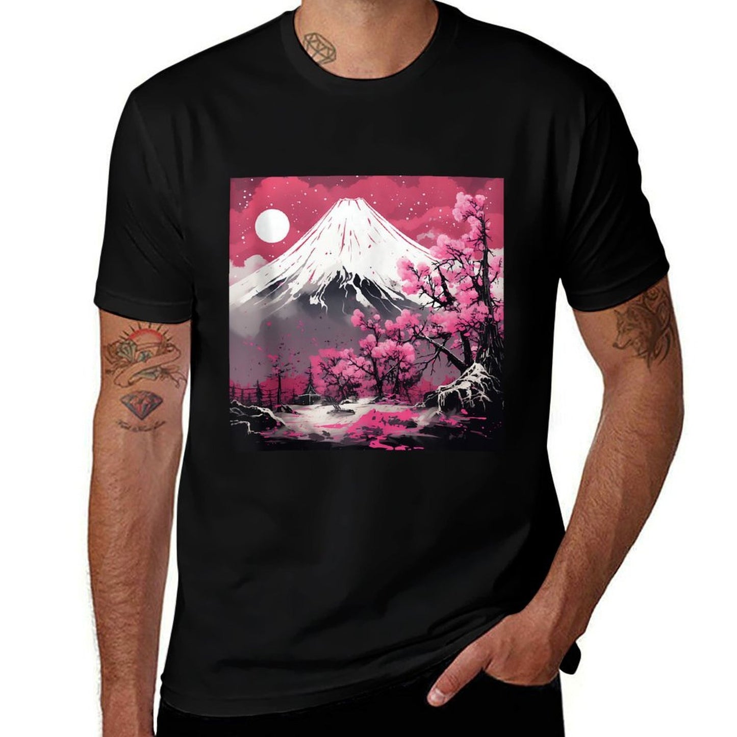 Sakura Reverie Japanese Petals Unfold in Twilight Peaks  Ribbed Collar T-Shirt