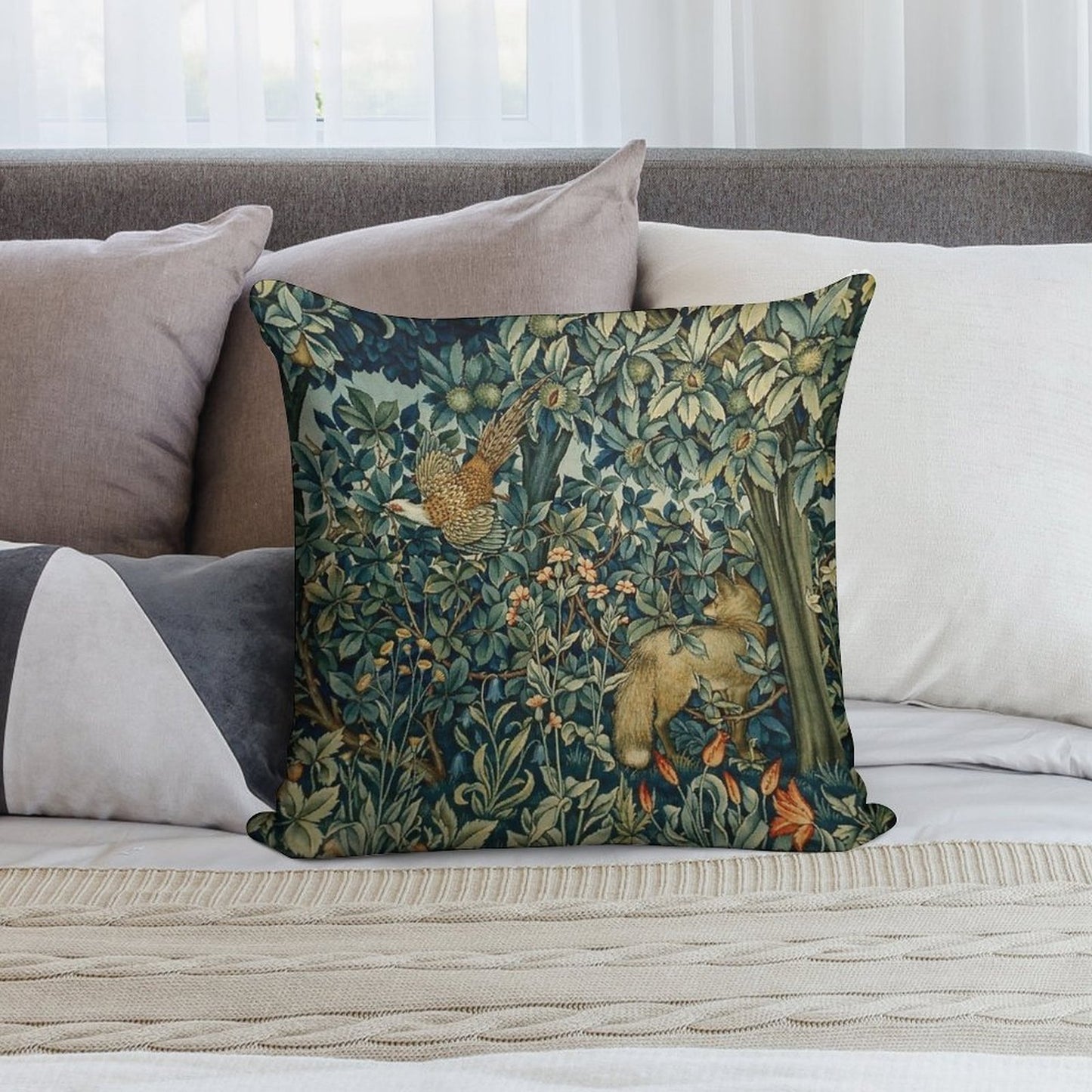 GREENERY, FOREST ANIMALS Pheasant And Fox Blue Green Floral Tapestry Soft Durable Construction Throw Pillow