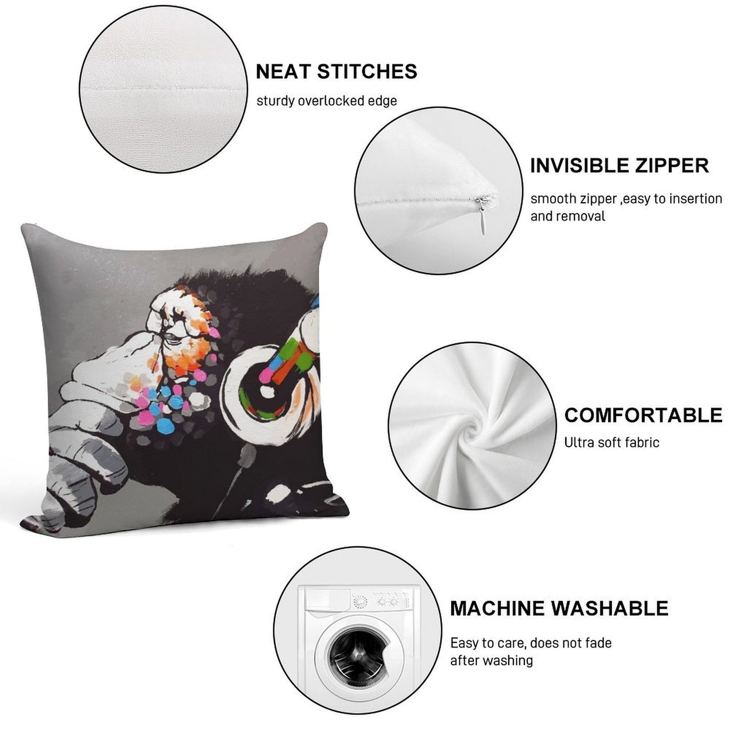 Banksy DJ Monkey Thinker with Headphones Soft Bedroom Essential Throw Pillow