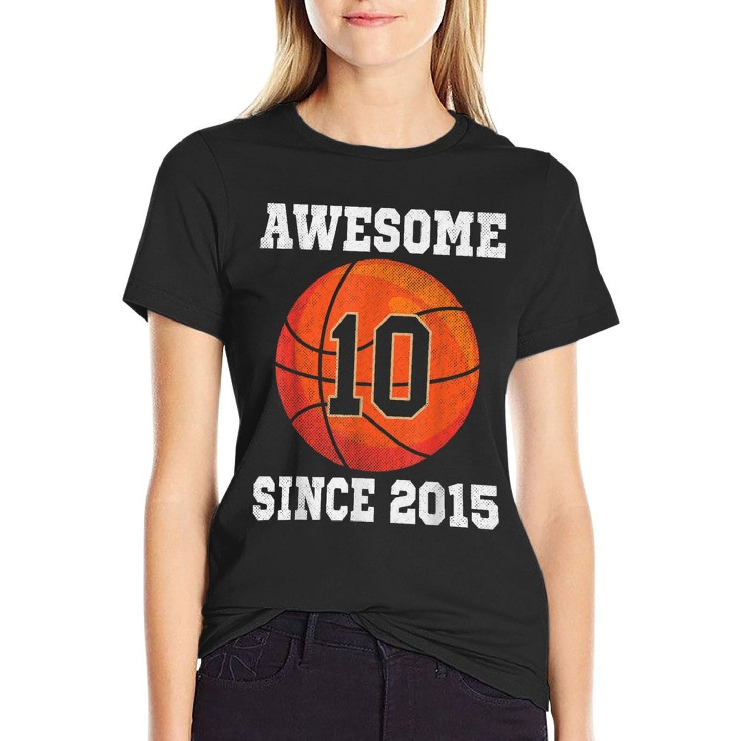 10th Birthday Basketball Lover 10 Years Old Vintage Sports  Ribbed Collar T-Shirt