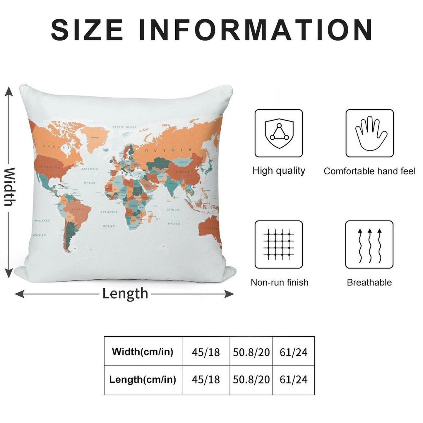 Map of The World in Burnt Orange And Teal Soft Fade-Resistant Throw Pillow