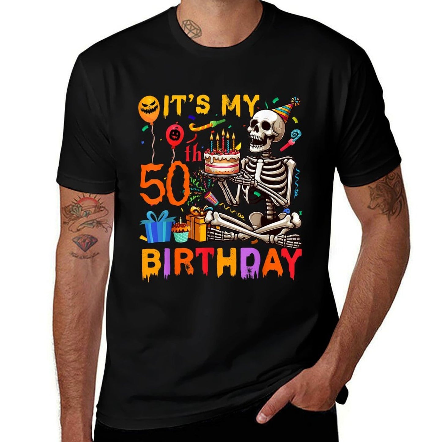 It's My 50th Birthday Halloween Skeleton Matching Party  Ribbed Collar T-Shirt