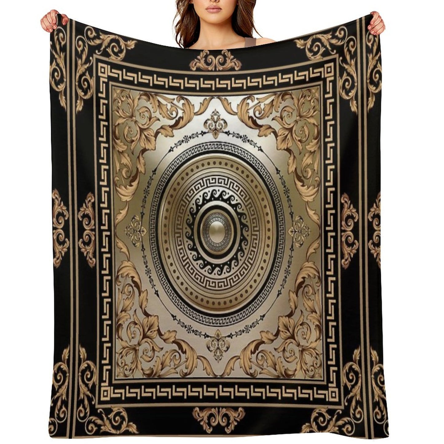 Ornate Baroque Filigree Black Bronze Greek Key Meander Durable Throw Blanket