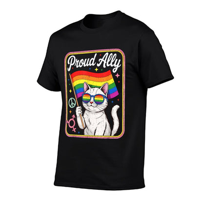 Funny Proud Ally Cat Wearing Rainbow Glasses Men Women  Oversized Silhouette T-Shirt