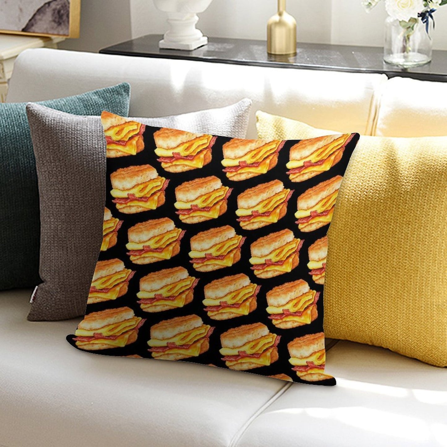 Bacon Egg & Cheese Sandwich Pattern - Black Soft Anti-Pilling Throw Pillow
