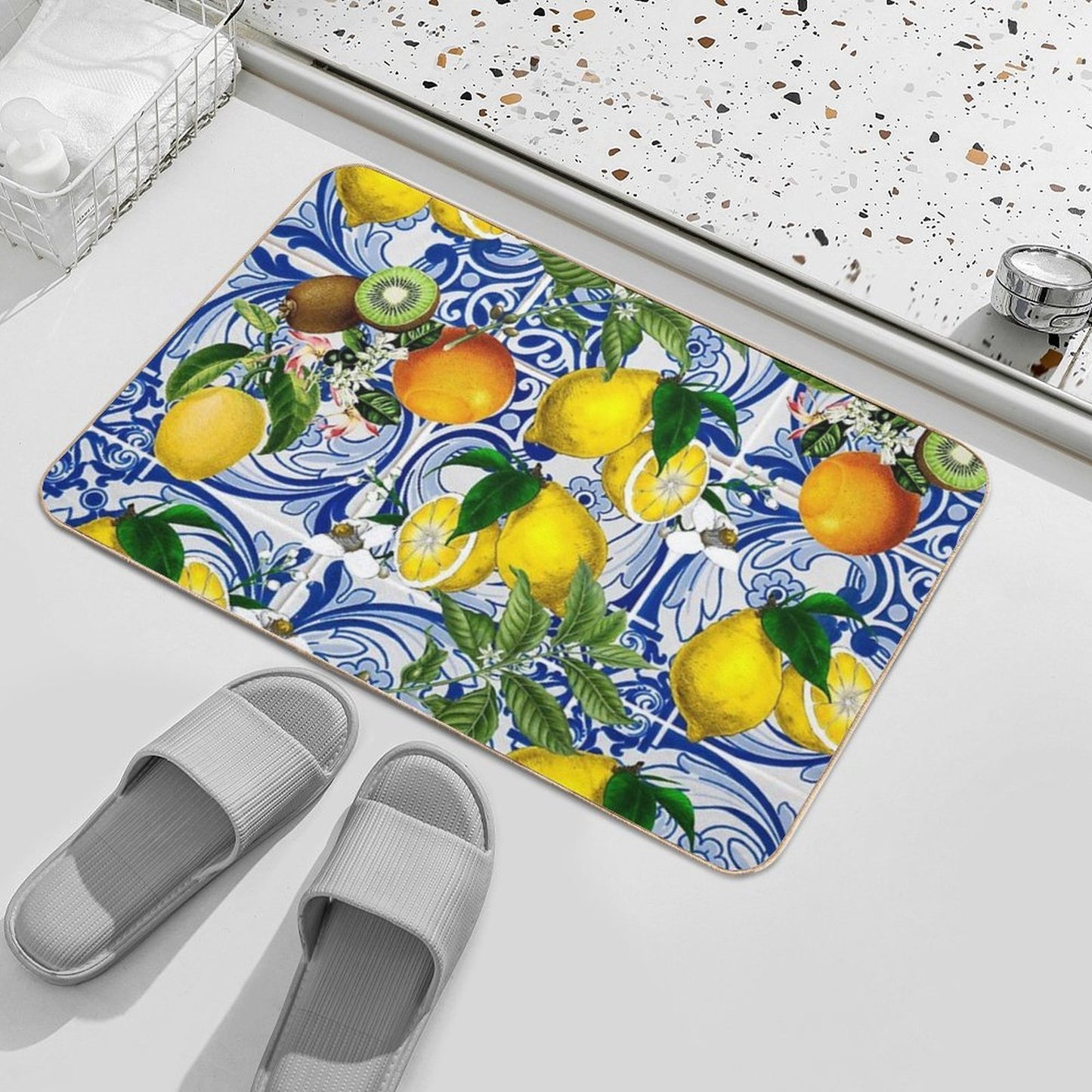 Mediterranean Lemon on Blue Ceramic Tiles  Absorbent Bath Mat