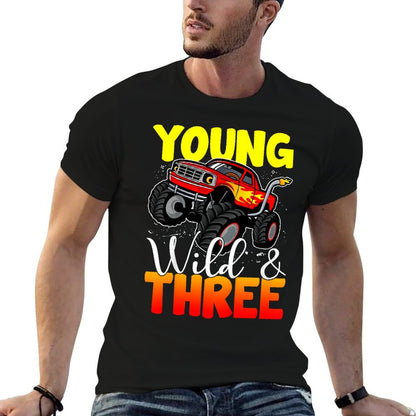 Kids Young Wild Three 3rd Birthday Boy Monster Truck 3 Years Old  Ribbed Collar T-Shirt
